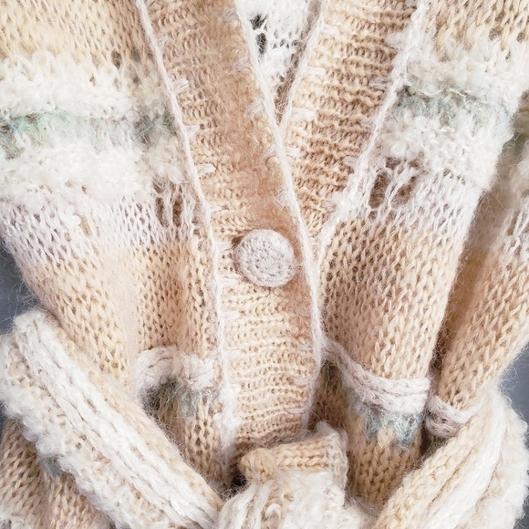 Sleeping On Snow Cream Striped Open Knit Button Down Belted Wool Blend Cardigan - Picture 4 of 7